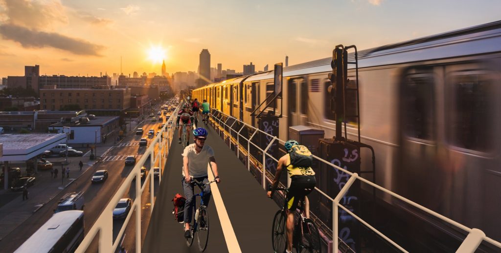 Bicycle Track along Subway Train in New York at Sunset